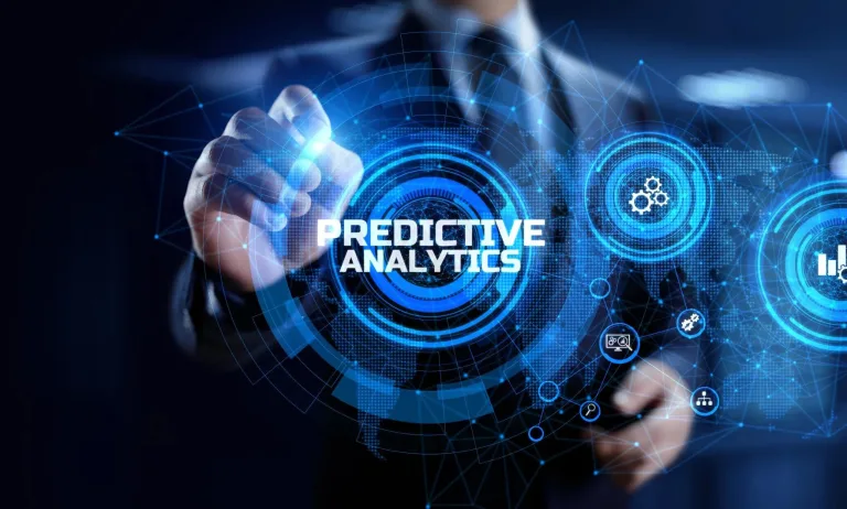 Businessman interacting with a futuristic Predictive Analytics digital interface with data icons and network connections