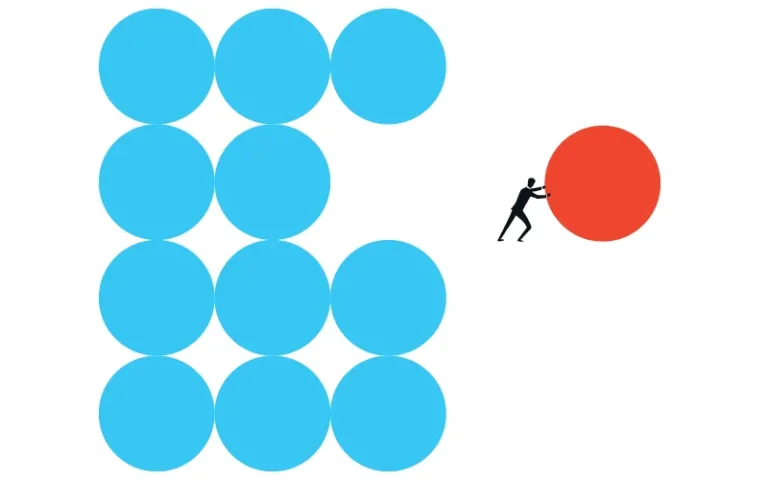Person pushing a red circle to fill a missing spot in a grid of blue circles