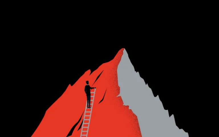 Businessman climbing a ladder toward the summit of a mountain, symbolizing striving toward a higher goal