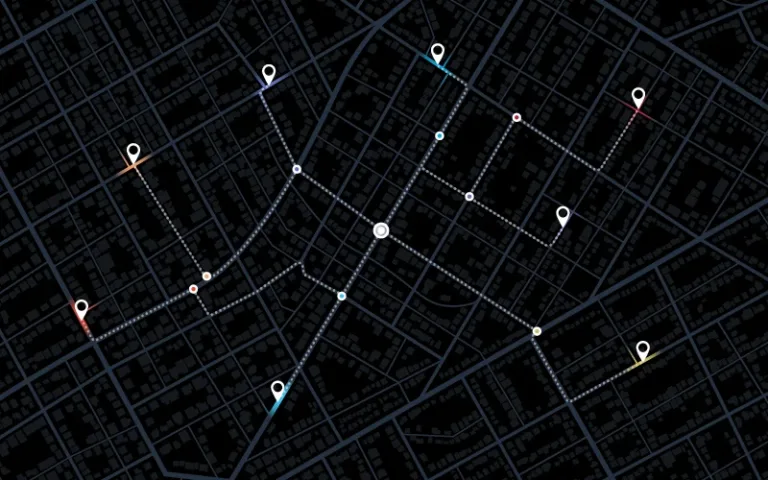 Transit-map illustration of multiple colored paths from location pins converging at a central point, symbolizing fragmented multi-location marketing attribution